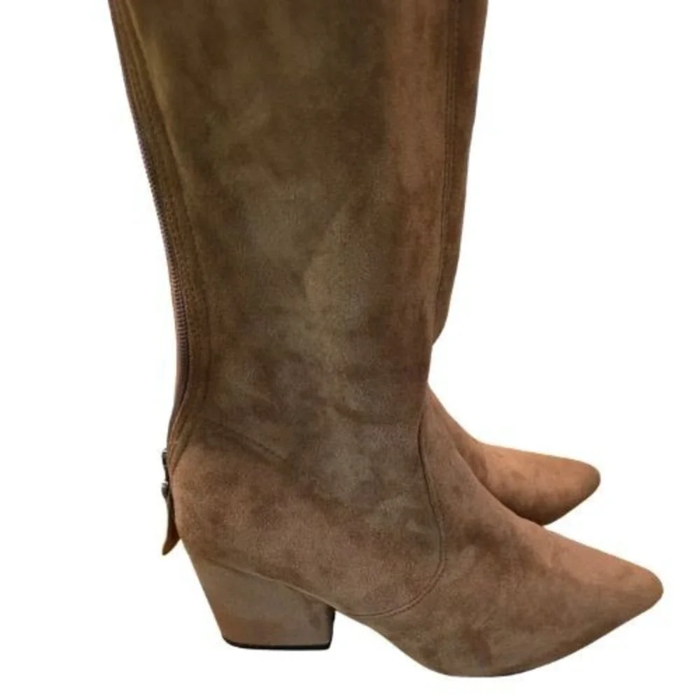 Womens Sz 40 Brown Faux Suede Over The Knee Block Heel Pointed Toe Zip Boots